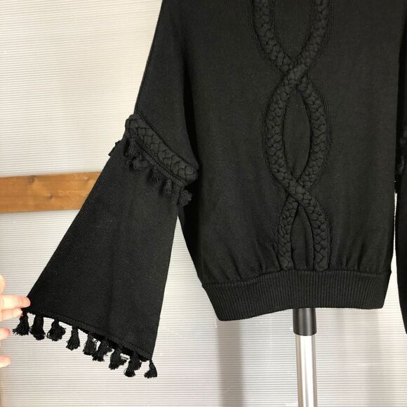 ZOW ZOW Wool Blend Black‎ Braided Design Tassels Bell Sleeve Sweater Sz M - Picture 8 of 10